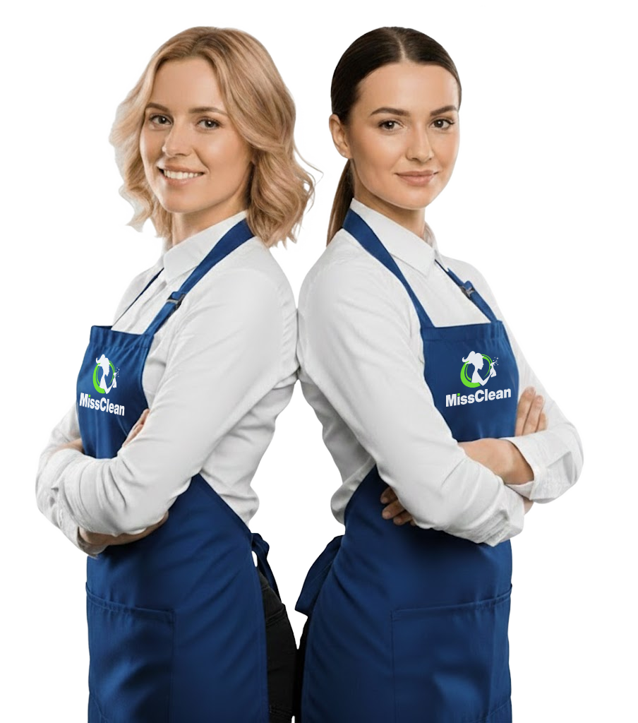 wo smiling female cleaners from Miss Clean standing back-to-back, wearing branded green aprons and white shirts, representing professional residential cleaning services in Greater Boston